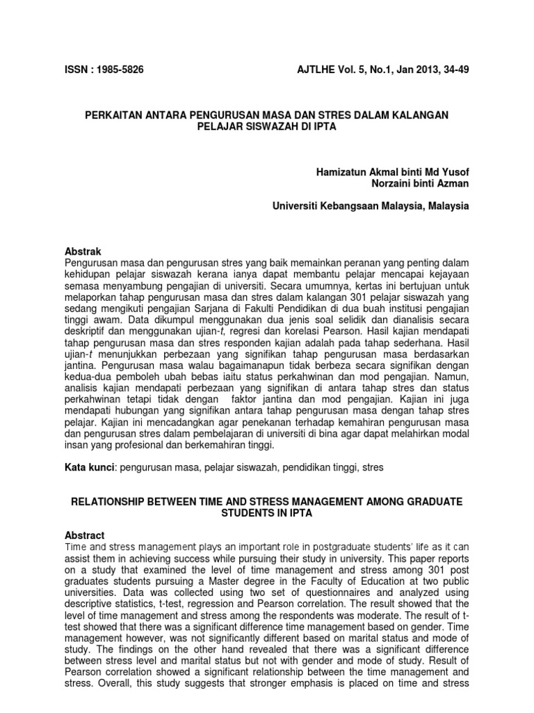 Perkaitan Antara Pengurusan Masa Dan Stres Dalam Kalangan Pelajar Siswazah Di Ipta Pdf