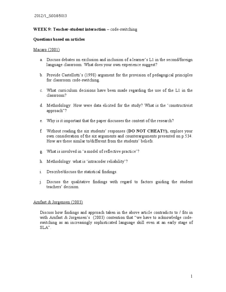 WEEK 9: Teacher-Student Interaction - Code-Switching Questions Based On ...