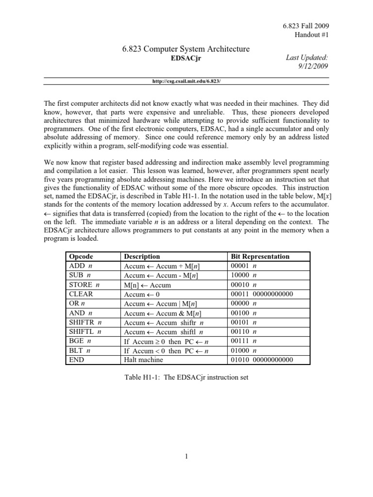 6.823 Computer System Architecture: Edsacjr | PDF | Teaching Methods ...