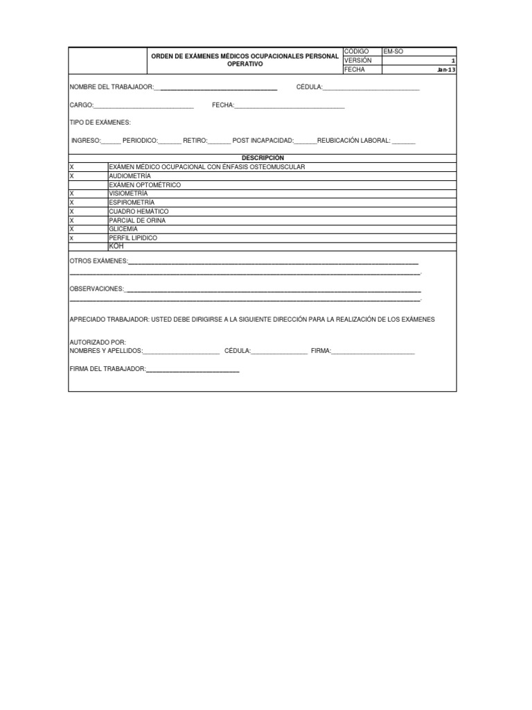formato para ordenes de examenes medicos