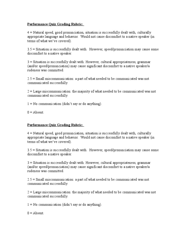 Performance Quiz Grading Criteria | PDF