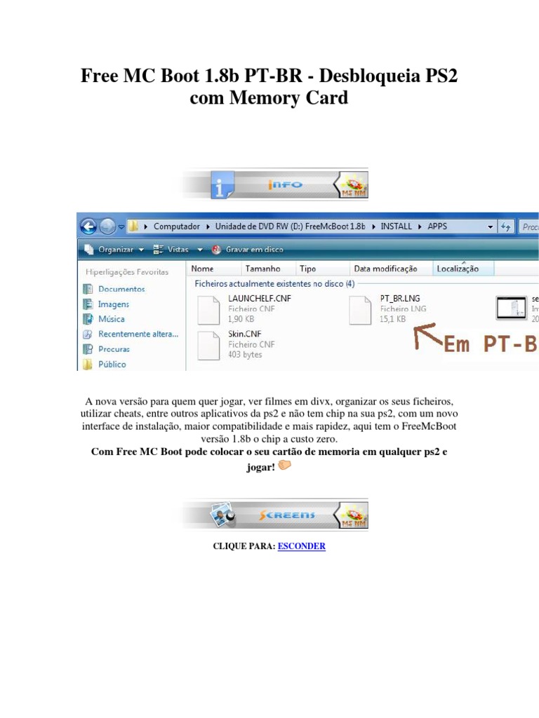 Free MC Boot 1.8b PT-BR - Desbloqueia PS2 Com Memory Card | PDF.