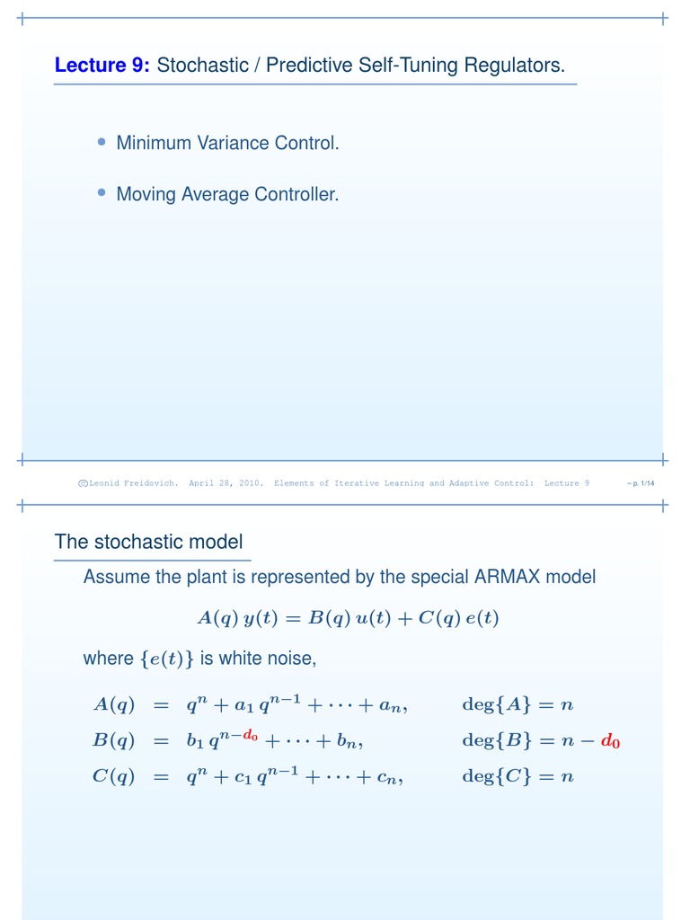 Stochastic / Predictive Self-Tuning Regulators.: Minimum Variance ...
