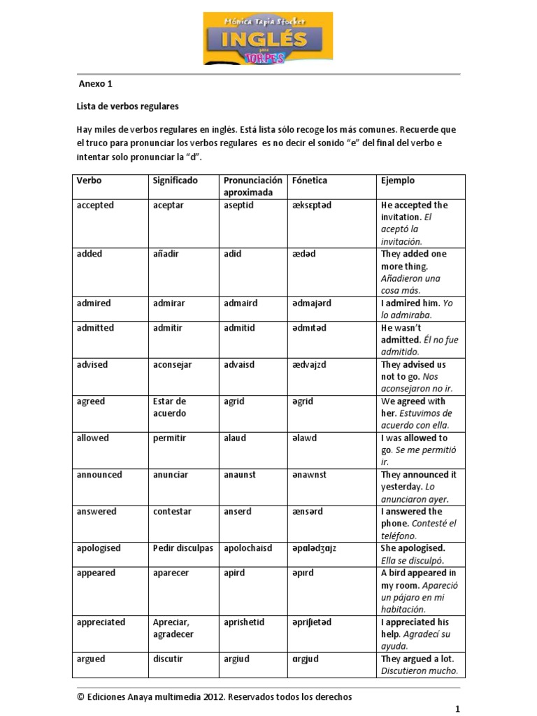 Lista De Verbos Regulares