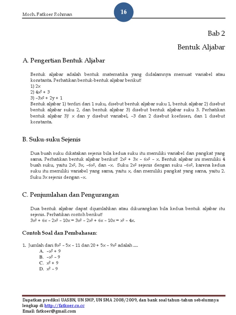 A Pengertian Bentuk Aljabar
