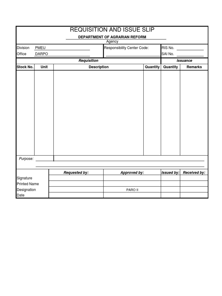 REQUISITION AND ISSUANCE SLIP Office Work Media Technology