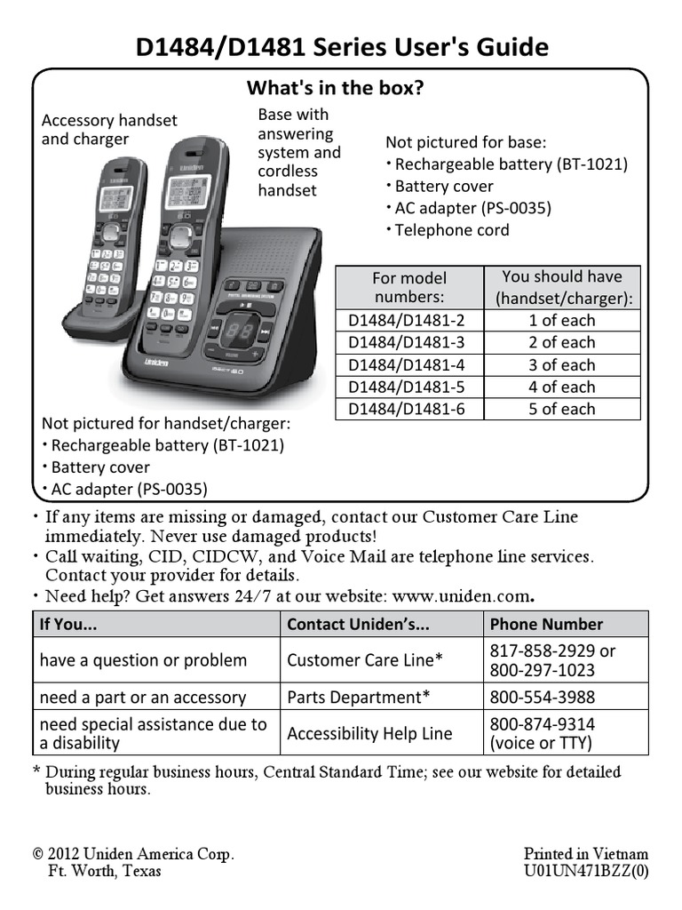 UNIDEN Dect 6.0 D1484 D1481 Manual PDF Telephone