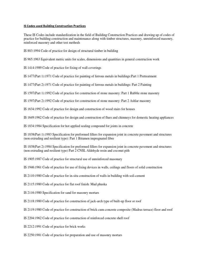 IS Codes for Building Construction | PDF | Roof | Masonry