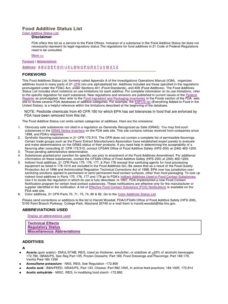 FDA Food & Color additives list Federal Food Food And Drug