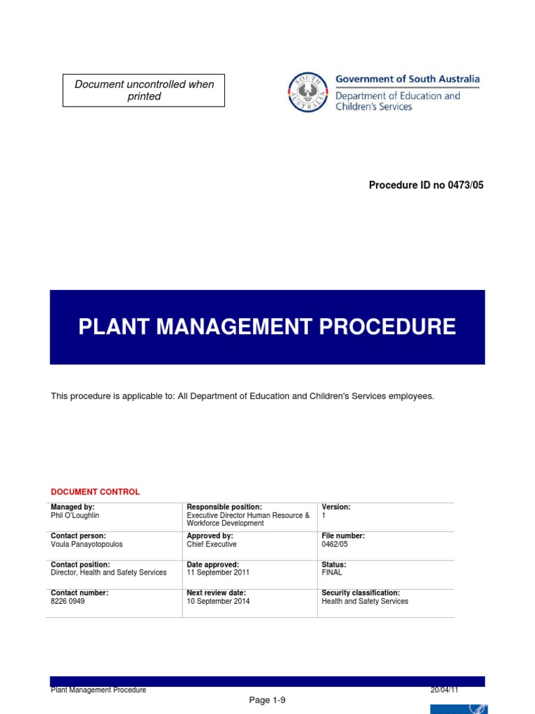 Plant Management Procedure Occupational Safety And Health Safety