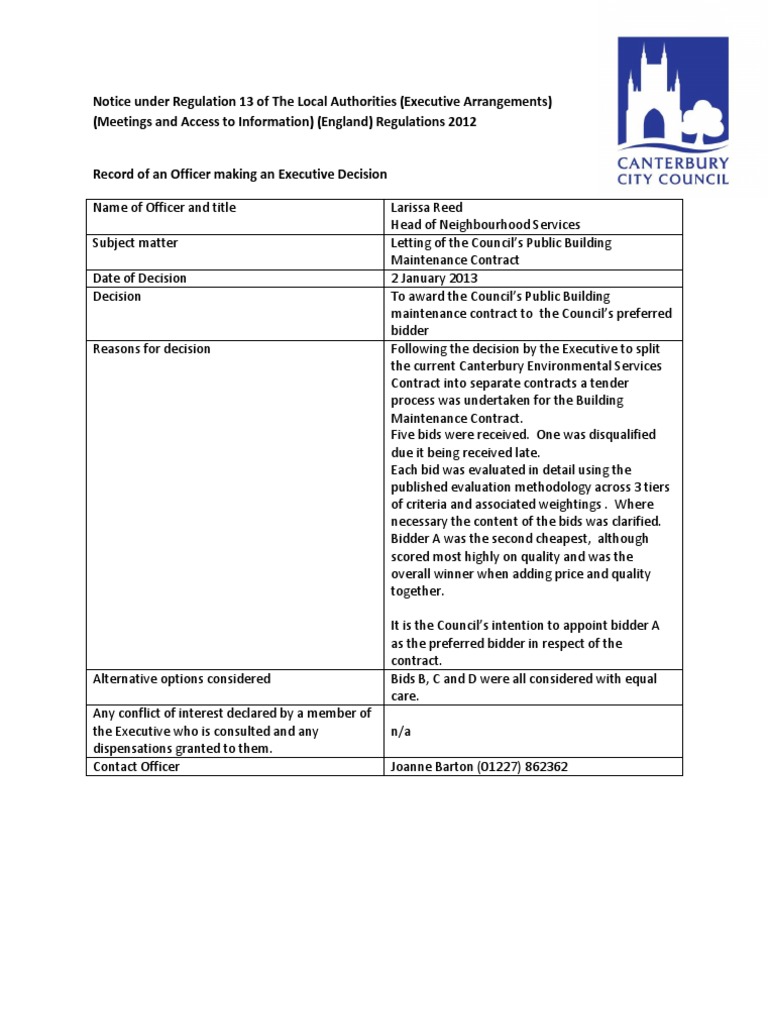 Regulation 13 - Record of An Officer Making An Executive Decision - 2 ...