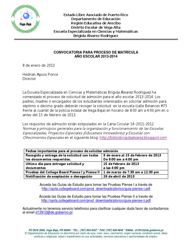 Convocatoria de Solicitud de Admisión