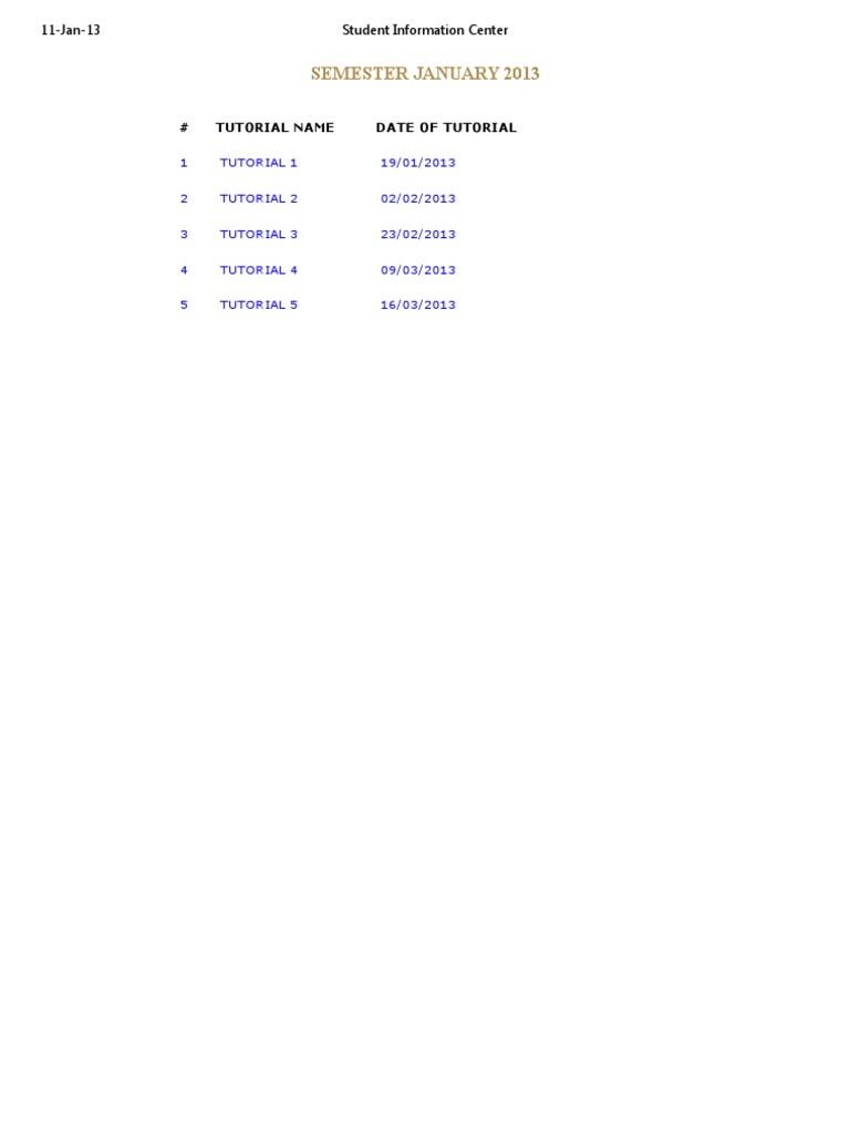 January 2013 Tutorial Schedule | PDF
