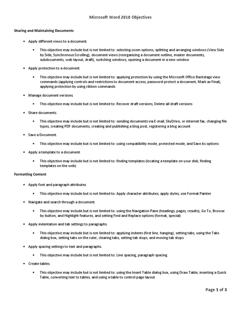 Word 2010 Objectives | PDF | Microsoft Word | Computing