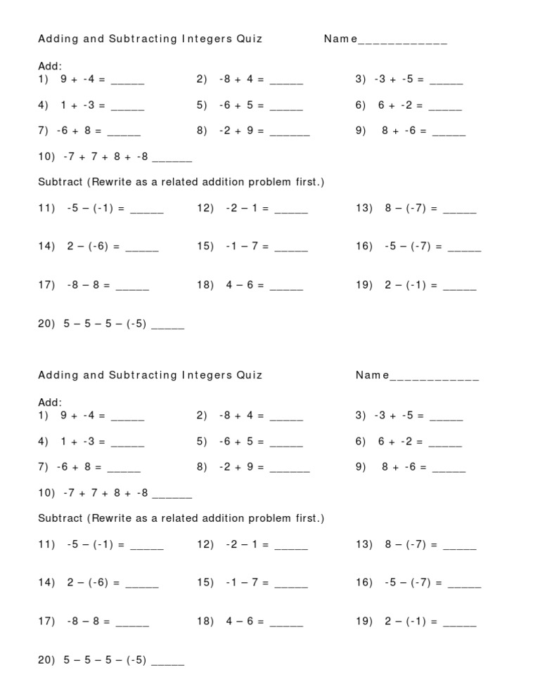 Adding and Subtracting Integers Quiz | PDF | Arithmetic | Numbers
