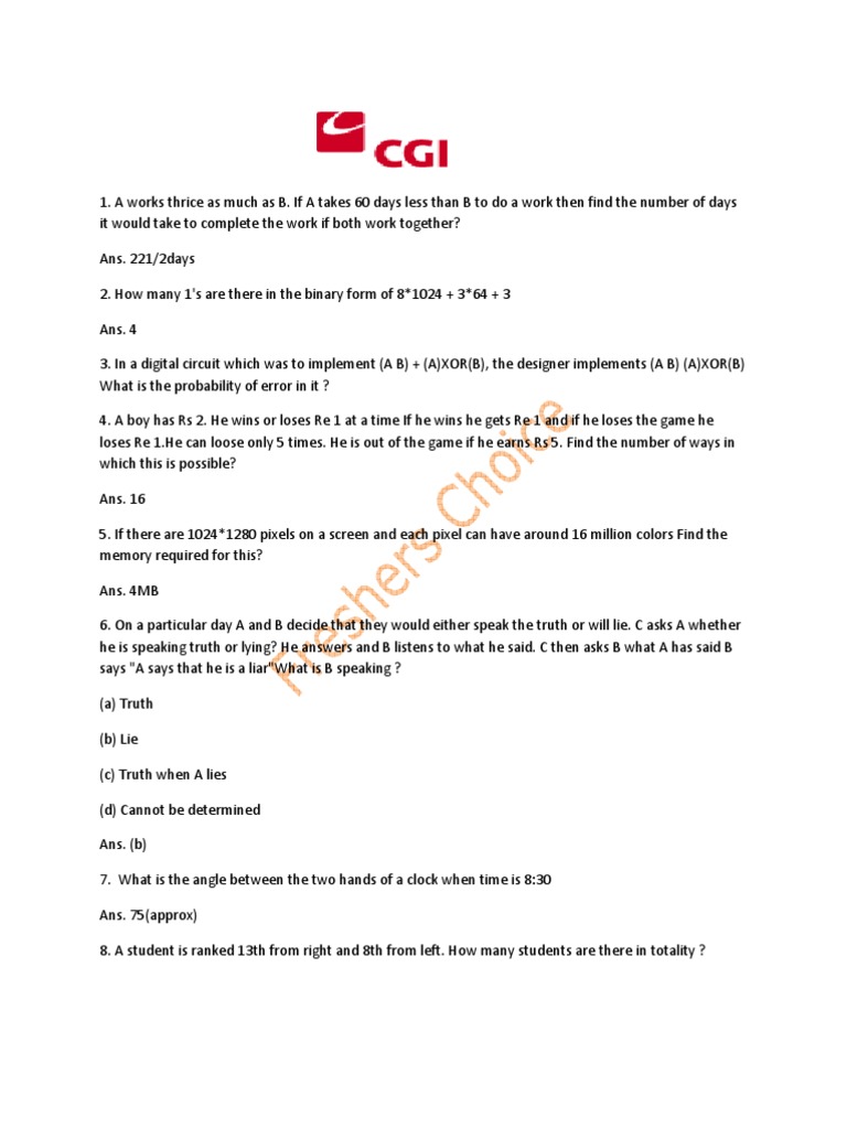 CGI Placement Paper - Freshers Choice | PDF | Teaching Mathematics