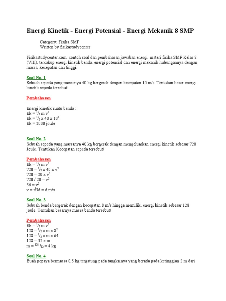 Energi Kinetik Energi Potensial Energi Mekanik 8 Smp Soal No 1