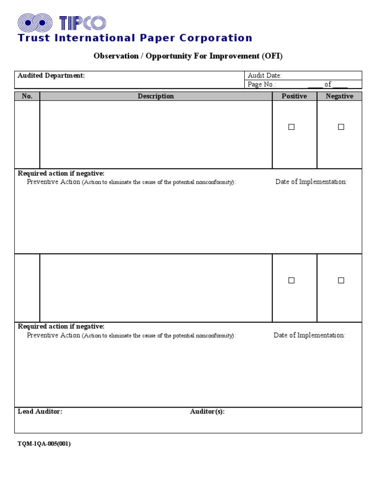 OFI Audit Observation Report Template | PDF