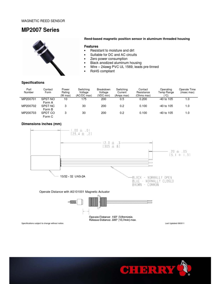 MP2007 Magnetic Reed Sensor Specs | PDF