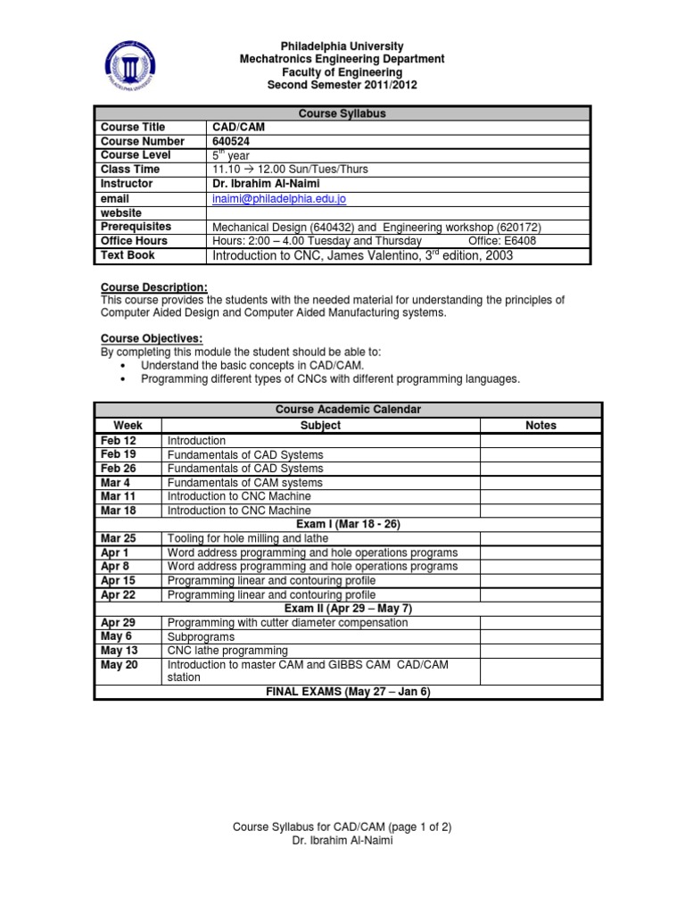 CAD CAM Syllabus 2011 - 2 | PDF | Test (Assessment) | Numerical Control