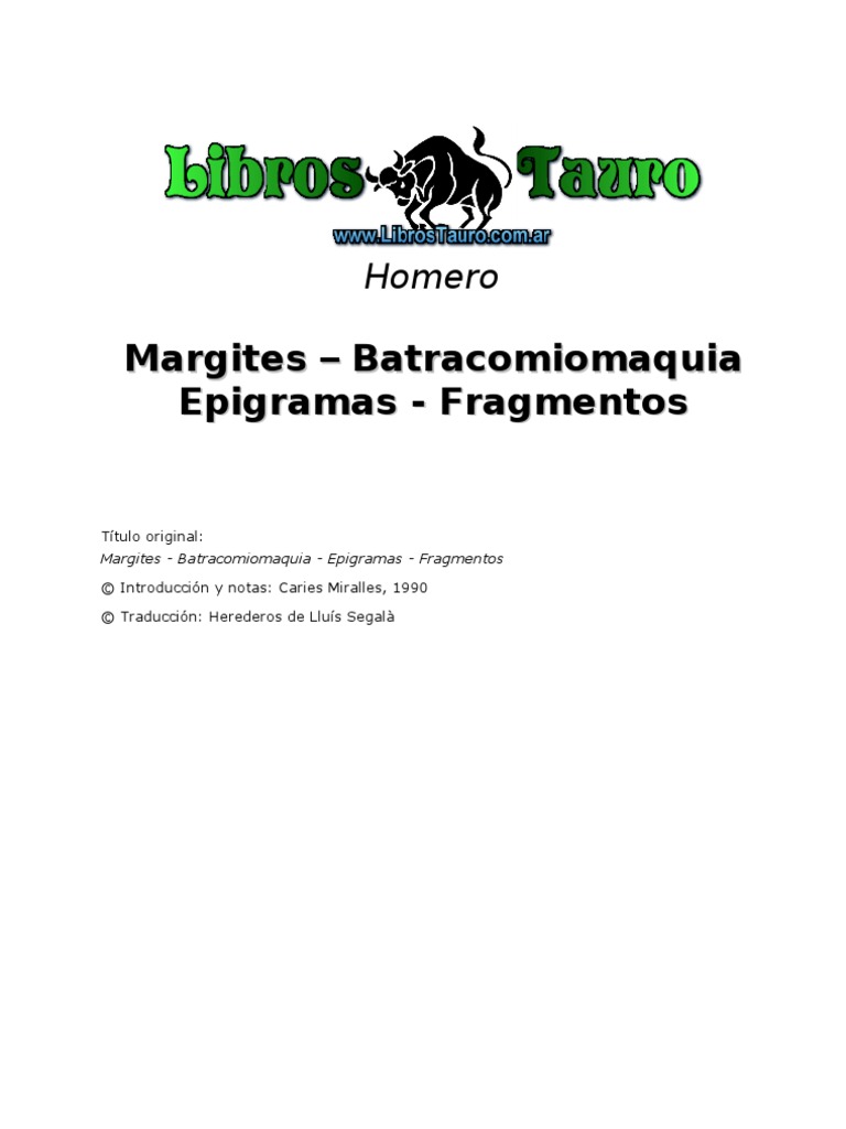 Homero - Margites Batracomiomaquia Epigramas y Fragmentos | PDF ...