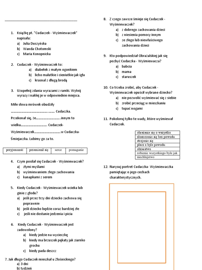 Test Z Lektury Dla Kl. I Cudaczek Wyśmiewaczek
