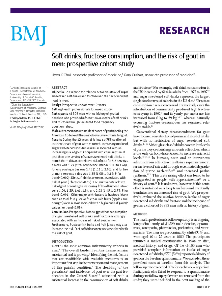 Research Soft Drinks, Fructose Consumption, and The Risk of Gout in Men Prospective Cohort