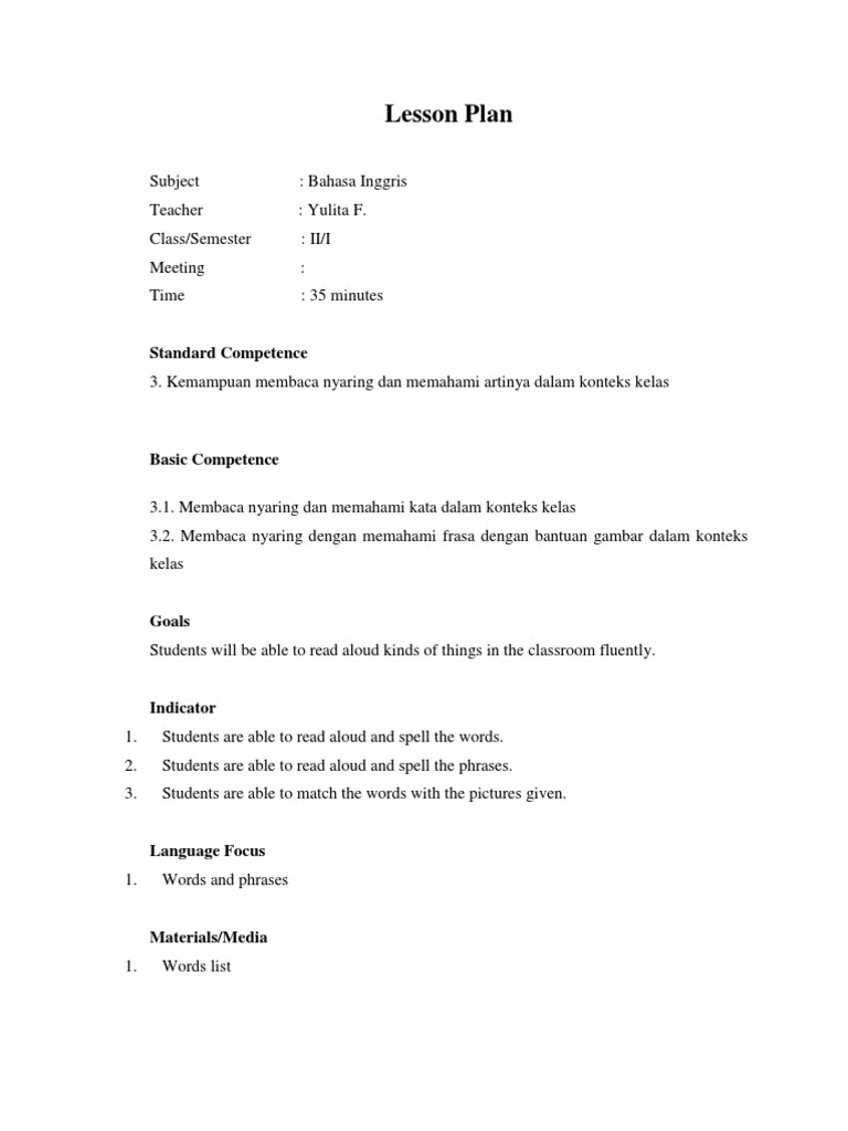 Lesson Plan: Standard Competence | PDF | Language Arts & Discipline ...