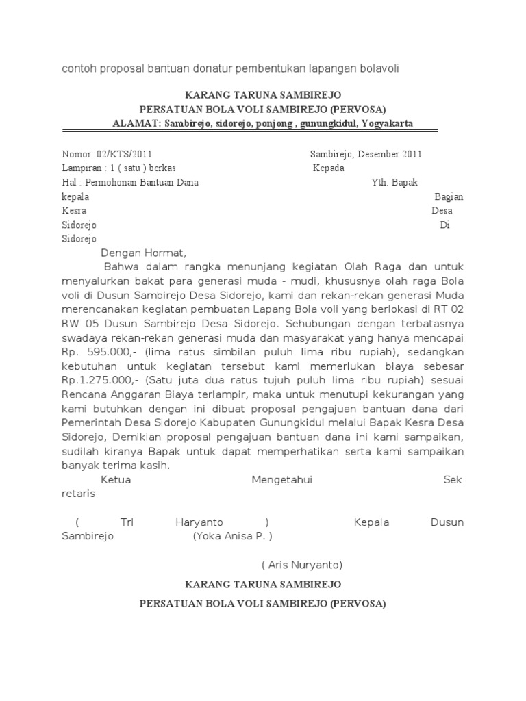 Contoh Proposal Bantuan Donatur Pembentukan Lapangan Bolavoli