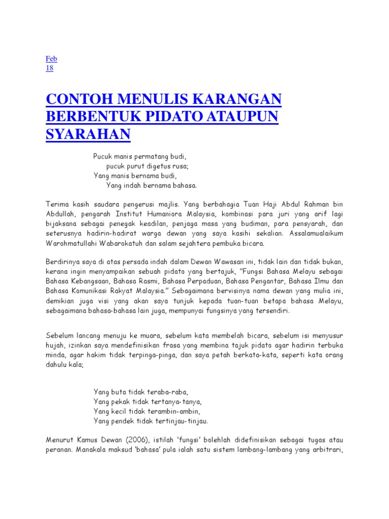 Contoh Menulis Karangan Berbentuk Pidato Ataupun Syarahan