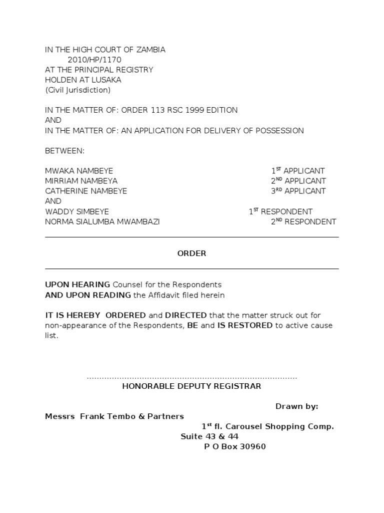 Court Order for Possession in Zambia | PDF