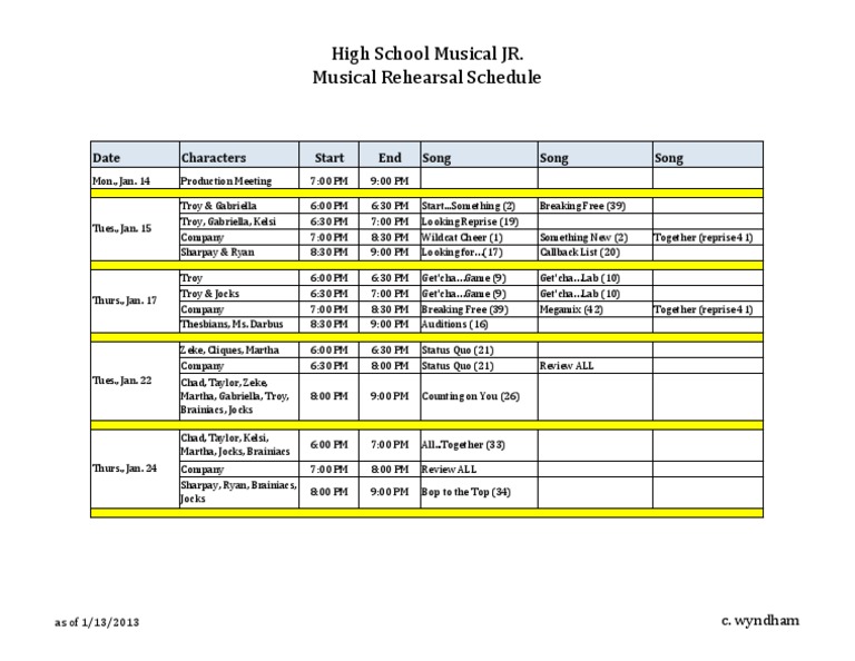 High School Musical JR. Rehearsal Schedule | PDF