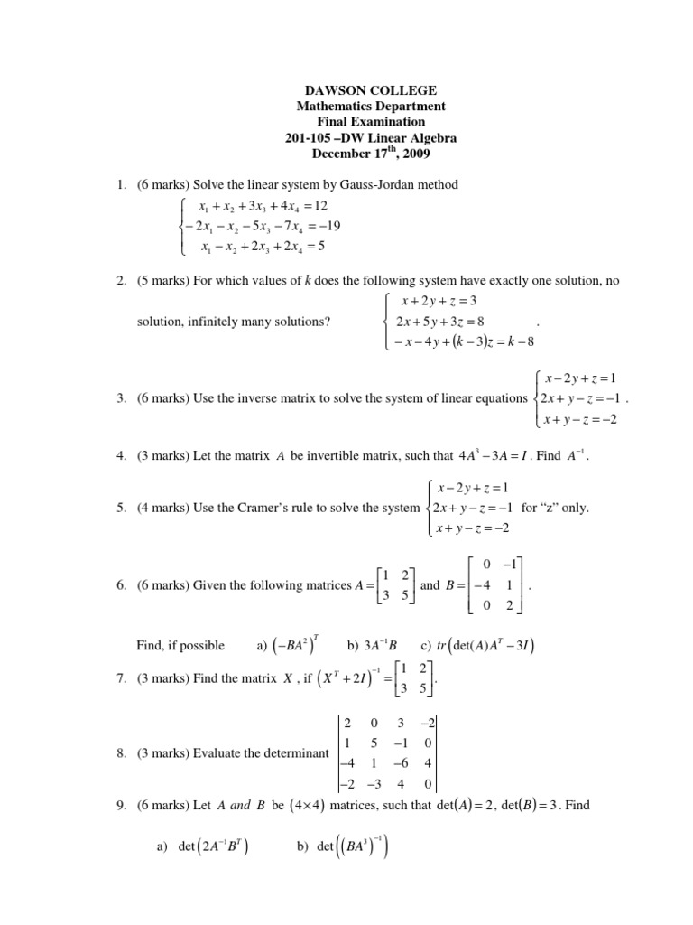 Linear Algebra Final Exam PDF Plane (Geometry) System Of Linear