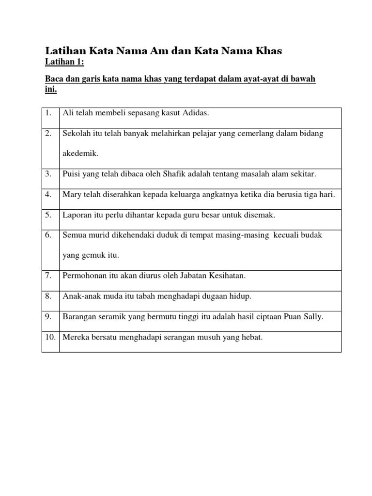 Latihan Kata Nama Am Dan Kata Nama Khas 1 | PDF