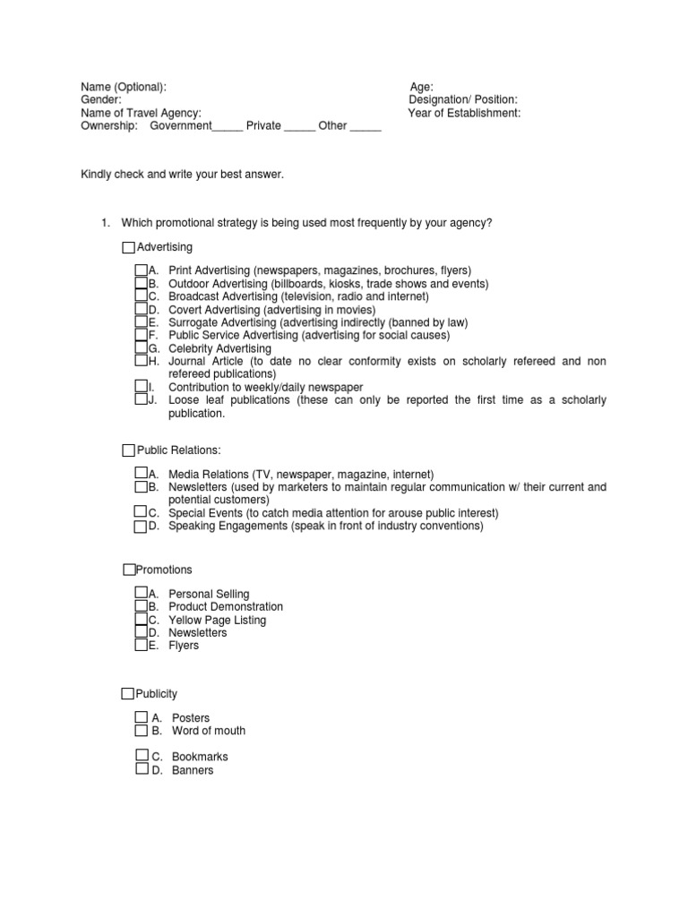 travel agency questionnaire Marketing Strategy Travel Agency