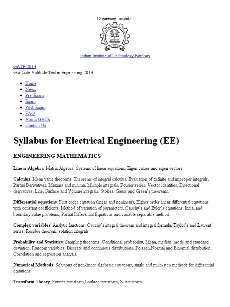 GATE 2013 Electrical Syllabus | PDF | Integral | Equations
