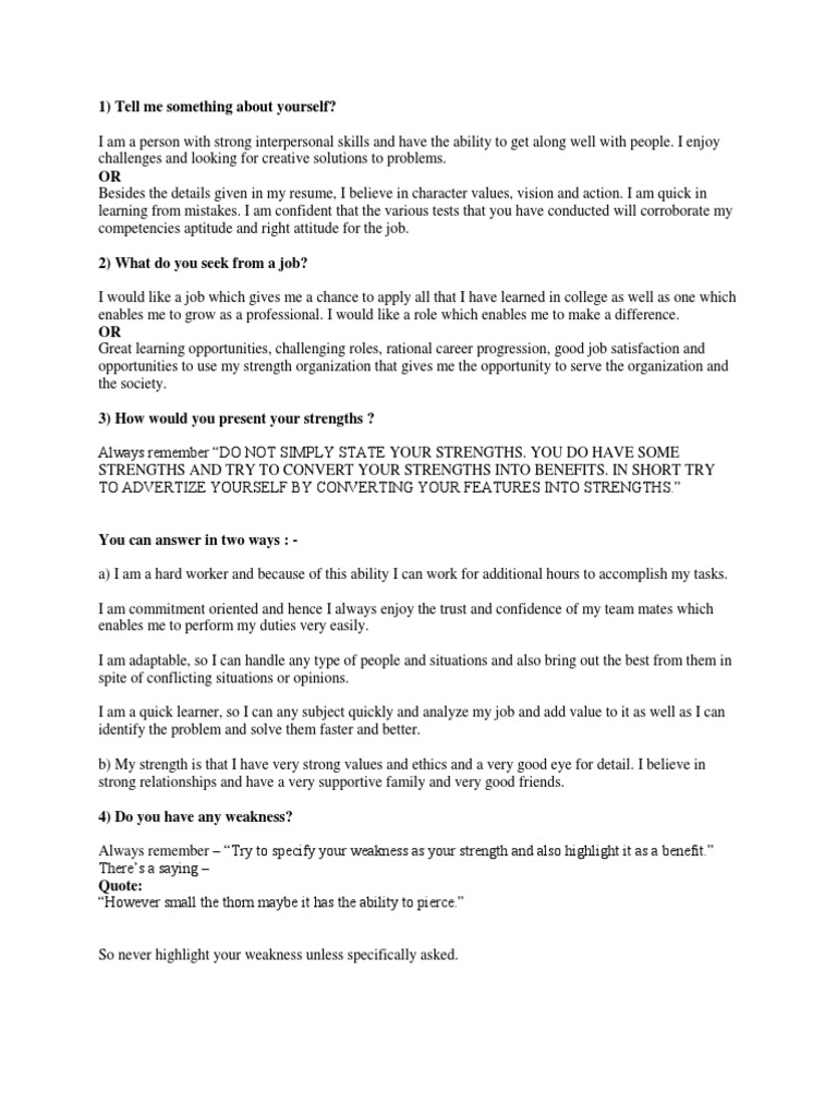 1) Tell Me Something About Yourself? | PDF | Competence (Human ...