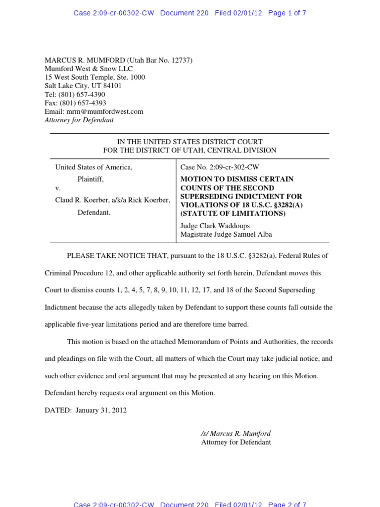 Motion To Dismiss Counts of Indictment PDF Statute Of Limitations