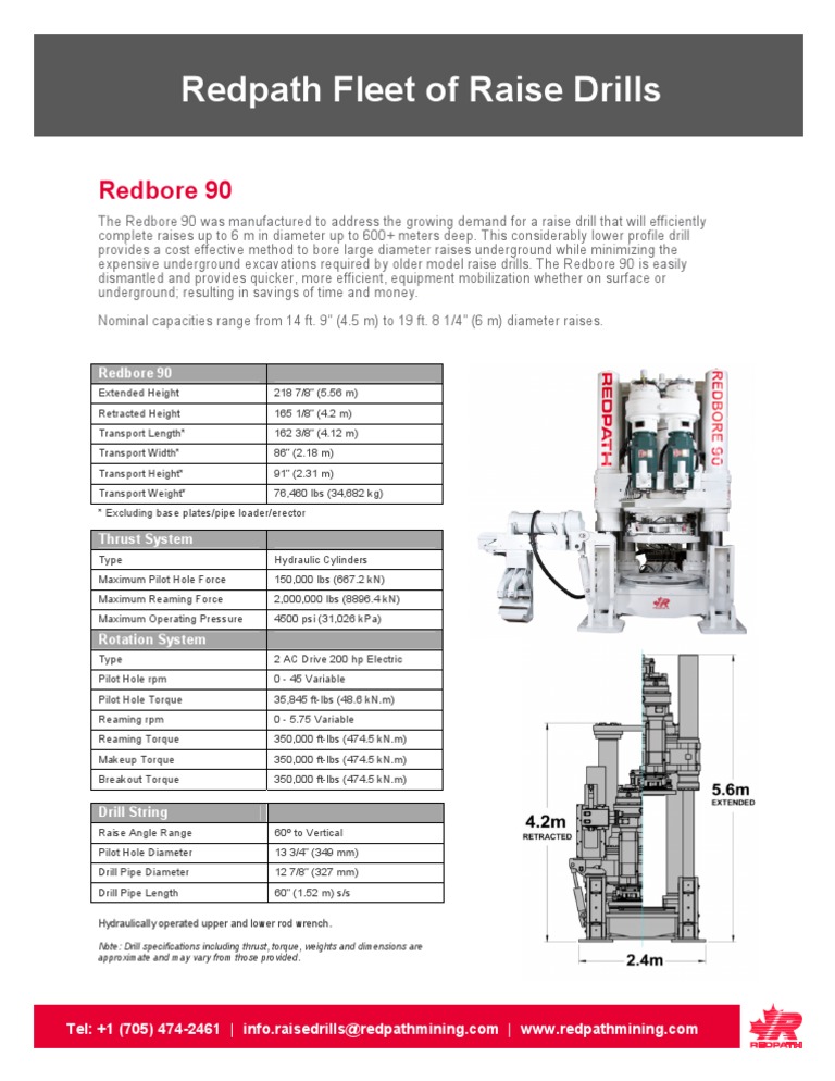 Redbore 90 Raise Drill Specifications | PDF | Home & Garden