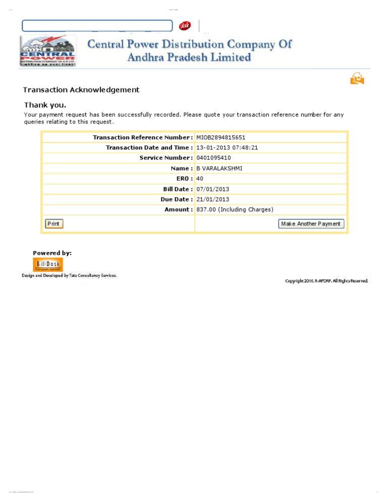 APCPDCL Payment Confirmation Receipt | PDF