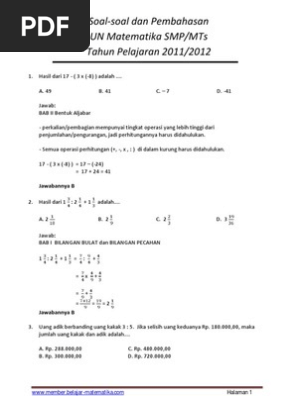 Soal Soal Dan Pembahasan Un Matematika Smp 2012