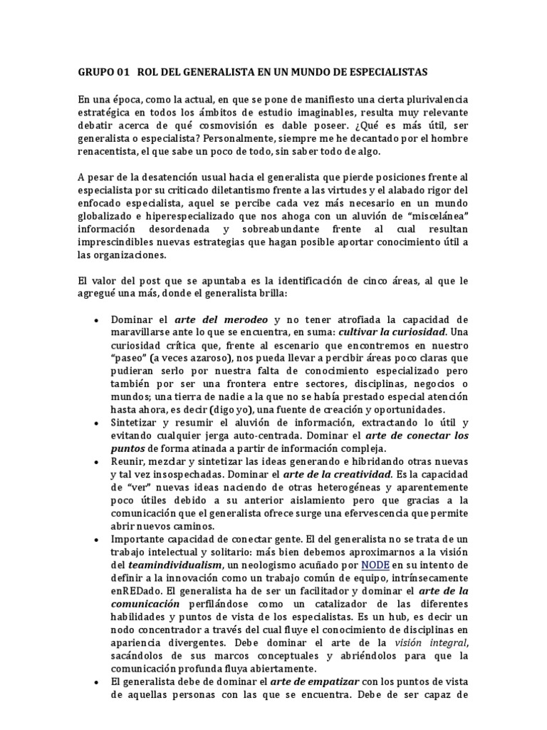 Grupo 01 Rol Del Generalista en Un Mundo de Especialistas | PDF ...