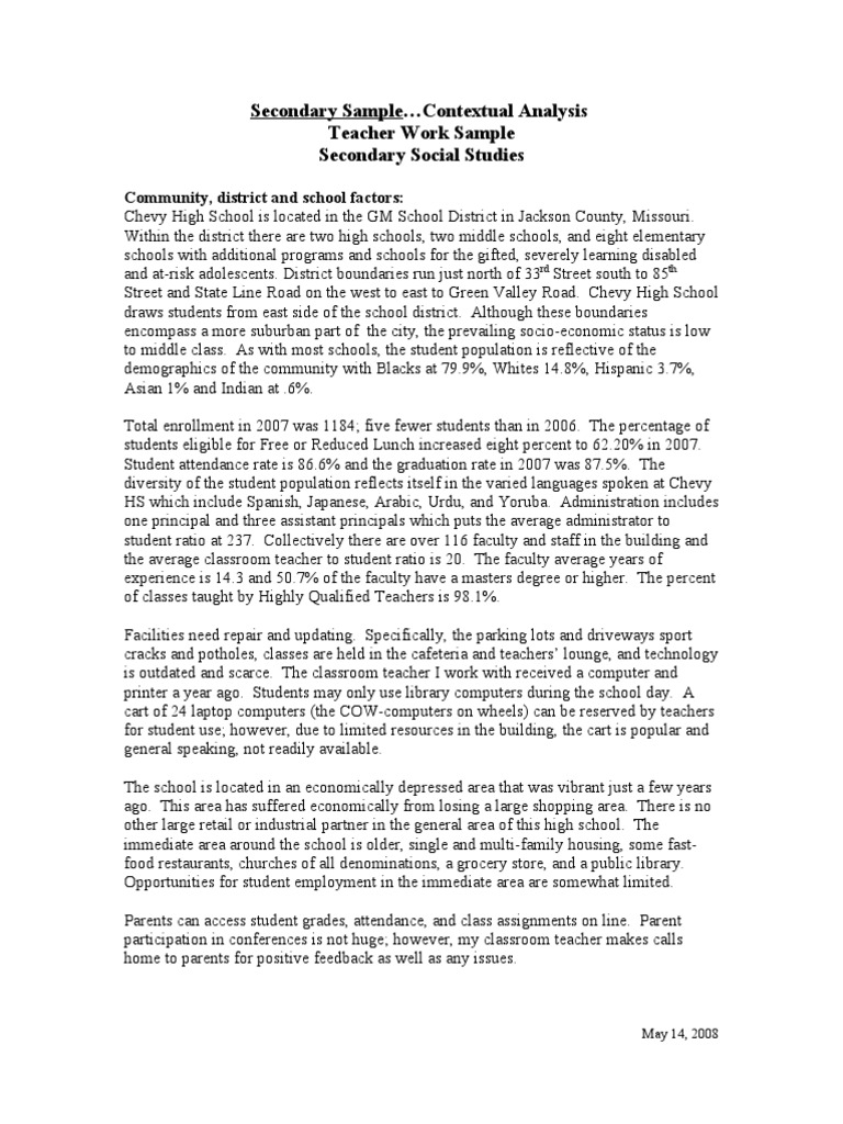 Secondary Sample Contextual Analysis Teacher Work Sample Secondary ...