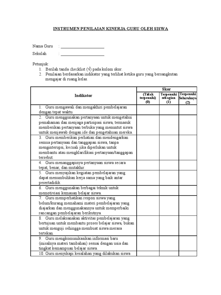 Instrumen Penilaian Kinerja Guru Oleh Siswa