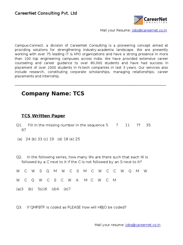 TCS Sample Question Paper Physics Mathematics Mathematics