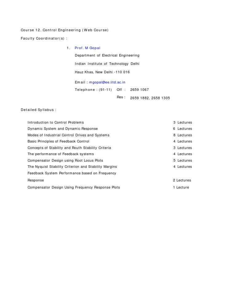 Course 12. Control Engineering (Web Course) Faculty Coordinator(s) : 1 ...