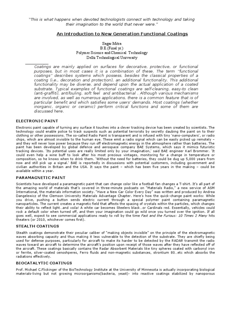 New Generation Functional Coatings | PDF | Paint | Solar Cell