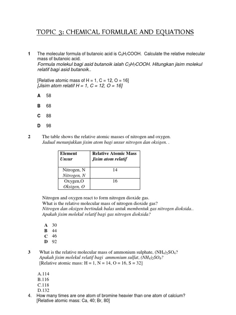 Topic 3 Chemical Formulae and Equation | PDF | Mole (Unit) | Oxide