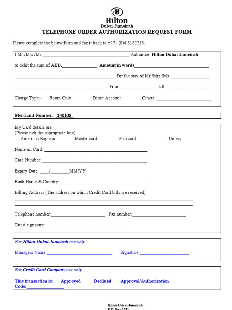 Telephone Order Authorization Request Form: Dubai Jumeirah | PDF