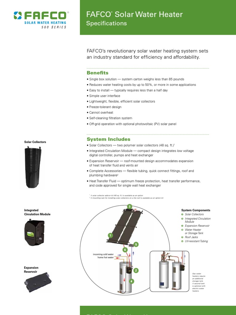 Fafco Solar Water Heater Specifications PDF Water Heating Hvac